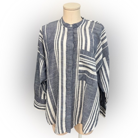 LUCKY BRAND loose fit vertical stripes long sleeve button down summer top - Picture 1 of 9